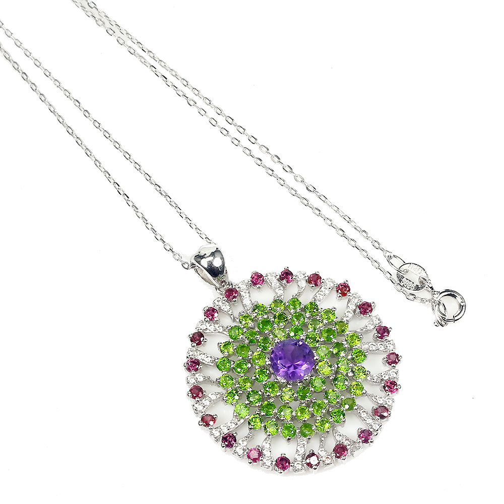 Amethyst Russischer Diopsid Rhodolit Anhänger mit Halskette - INARA