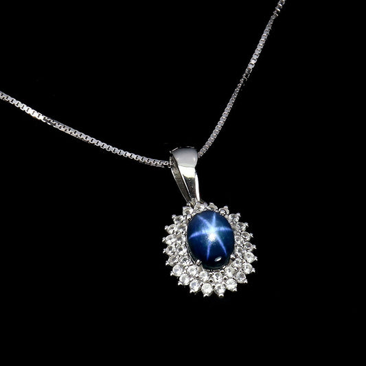 Sternsaphir Weißtopas Silber Anhänger mit Halskette - INARA