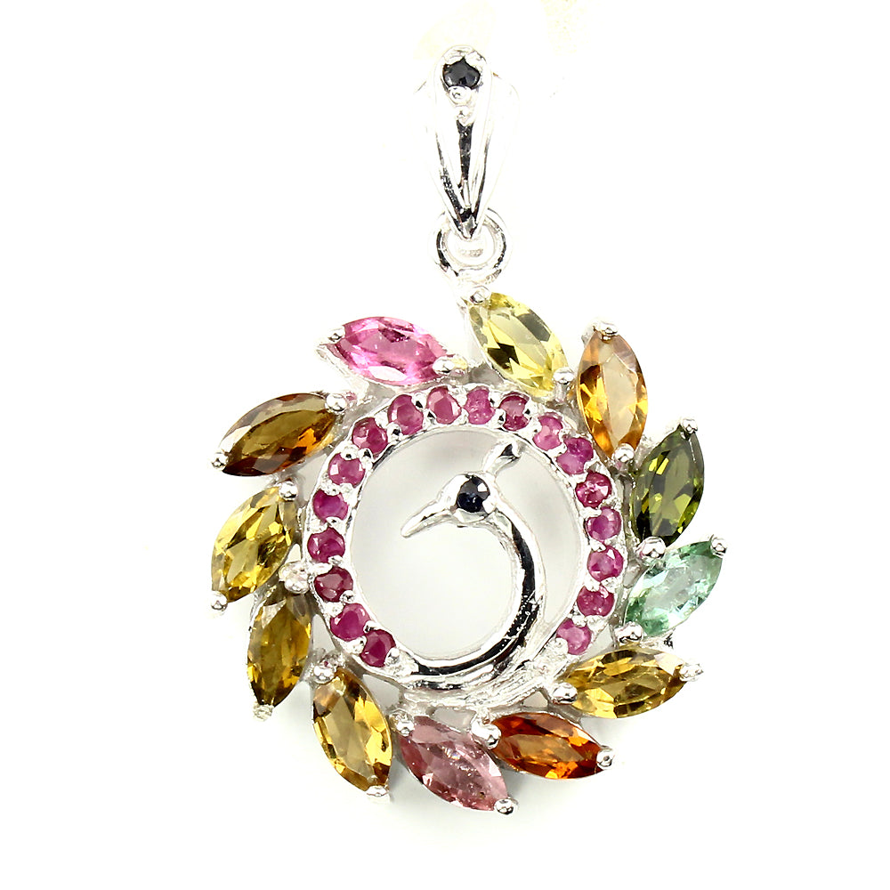 Turmalin Rubin Saphir Pfau Anhänger aus Silber - INARA