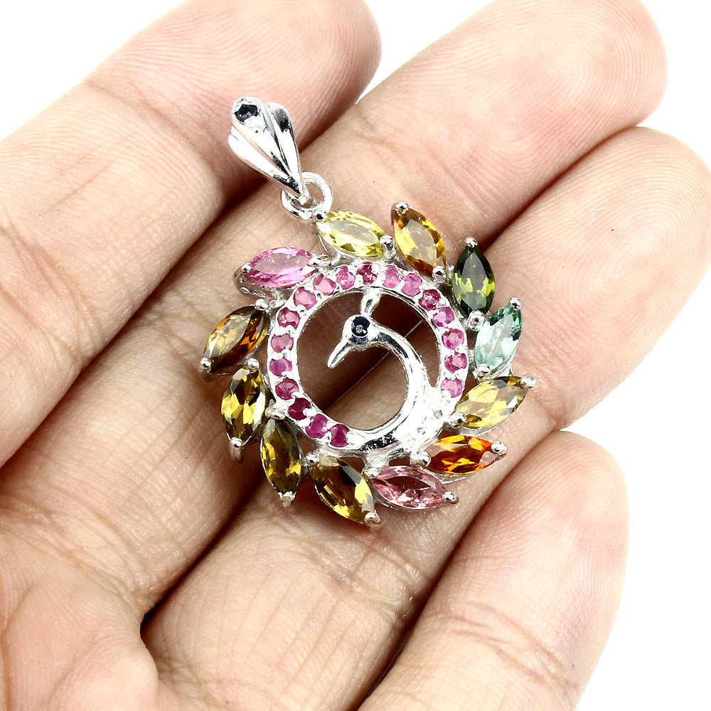 Turmalin Rubin Saphir Pfau Anhänger aus Silber - INARA