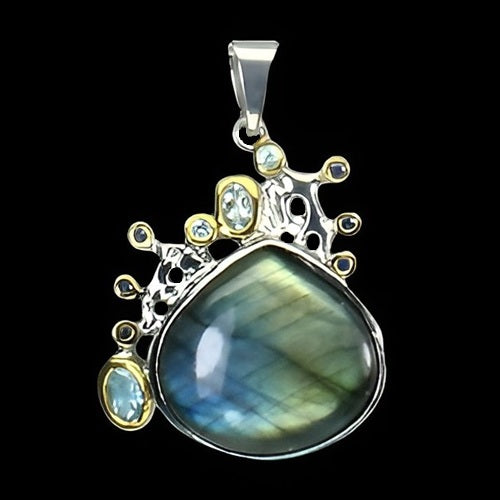 Labradorit Aquamarin Saphir Anhänger aus bicolor vergoldetem Silber - INARA