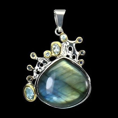 Labradorit Aquamarin Saphir Anhänger aus bicolor vergoldetem Silber - INARA