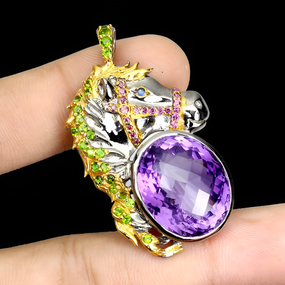 Amethyst Chromdiopsid Rhodolit Pferd Anhänger aus bicolor vergoldetem Silber - INARA