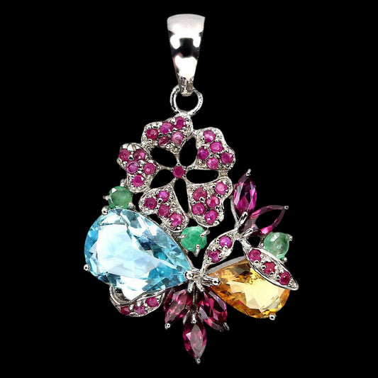 Blautopas Citrin Smaragd Rubin Rhodolit Anhänger aus weißvergoldetem Silber - INARA