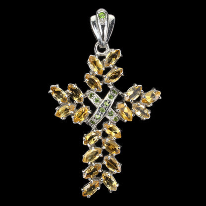 Citrin Russischer Diopsid Kreuz Anhänger aus weißvergoldetem Silber - INARA
