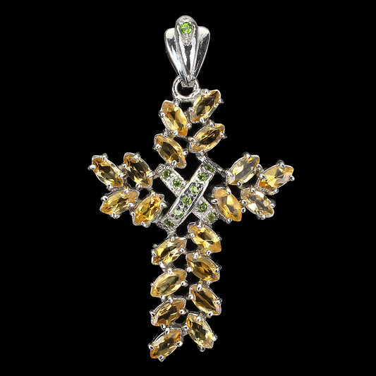 Citrin Russischer Diopsid Kreuz Anhänger aus weißvergoldetem Silber - INARA