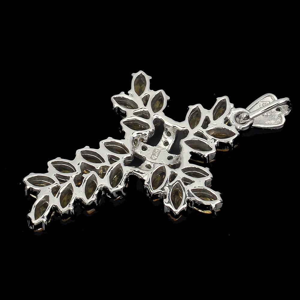 Citrin Russischer Diopsid Kreuz Anhänger aus weißvergoldetem Silber - INARA