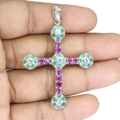 Smaragd Tansanit Rhodolit Kreuz Anhänger aus weißvergoldetem Silber - INARA