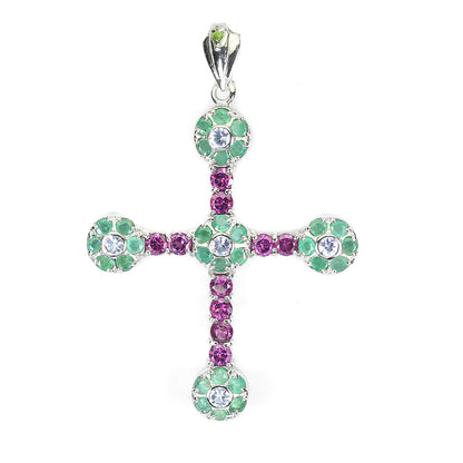 Smaragd Tansanit Rhodolit Kreuz Anhänger aus weißvergoldetem Silber - INARA
