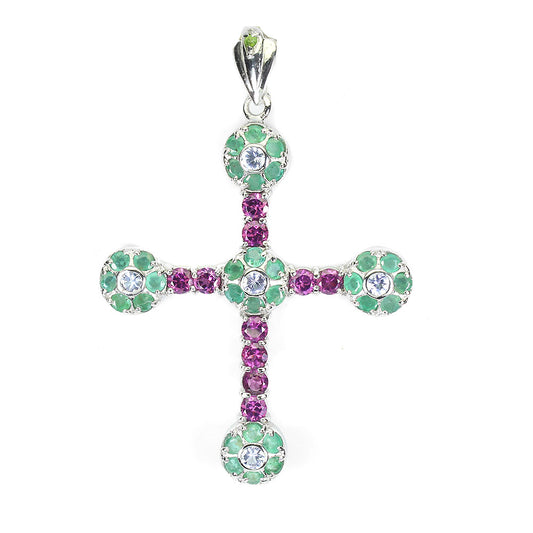 Smaragd Tansanit Rhodolit Kreuz Anhänger aus weißvergoldetem Silber - INARA
