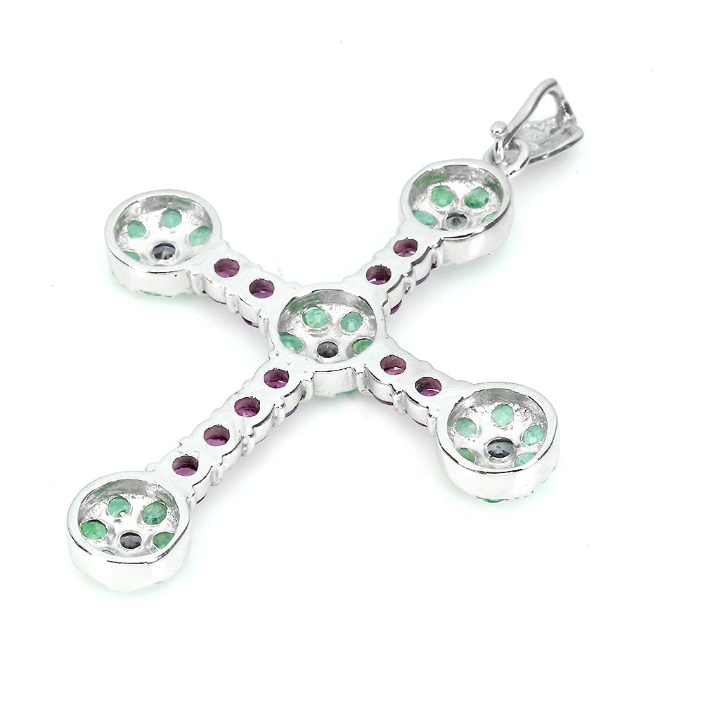 Smaragd Tansanit Rhodolit Kreuz Anhänger aus weißvergoldetem Silber - INARA