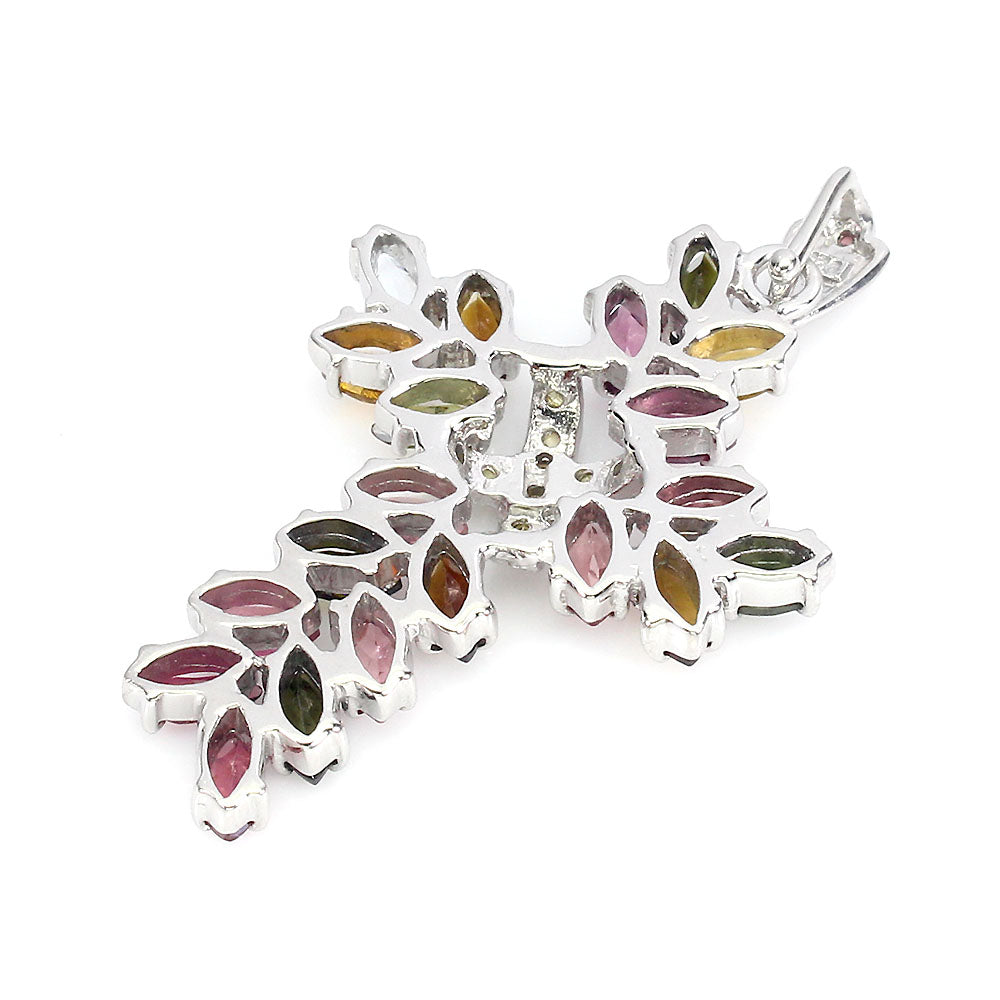 Turmalin Saphir Kreuz Anhänger aus weißvergoldetem Silber - INARA