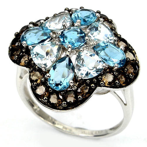 Rauchquarz Blautopas Ring aus weißvergoldetem Silber - INARA