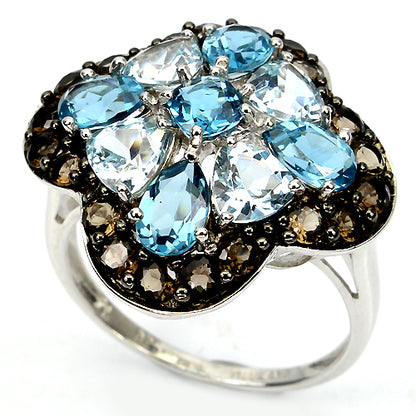 Rauchquarz Blautopas Ring aus weißvergoldetem Silber - INARA