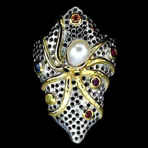 Saphir Rubin Perle Oktopus Ring Silber vergoldet - INARA