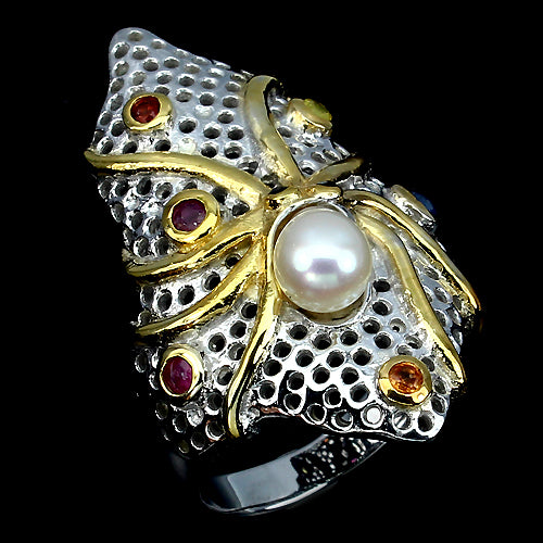 Saphir Rubin Perle Oktopus Ring Silber vergoldet - INARA