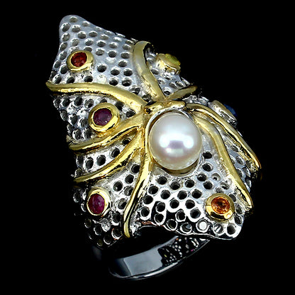 Saphir Rubin Perle Oktopus Ring Silber vergoldet - INARA