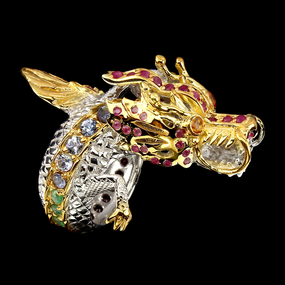 Rubin Smaragd Saphir Tansanit Rhodolit Drache Ring aus bicolor vergoldetem Silber - INARA