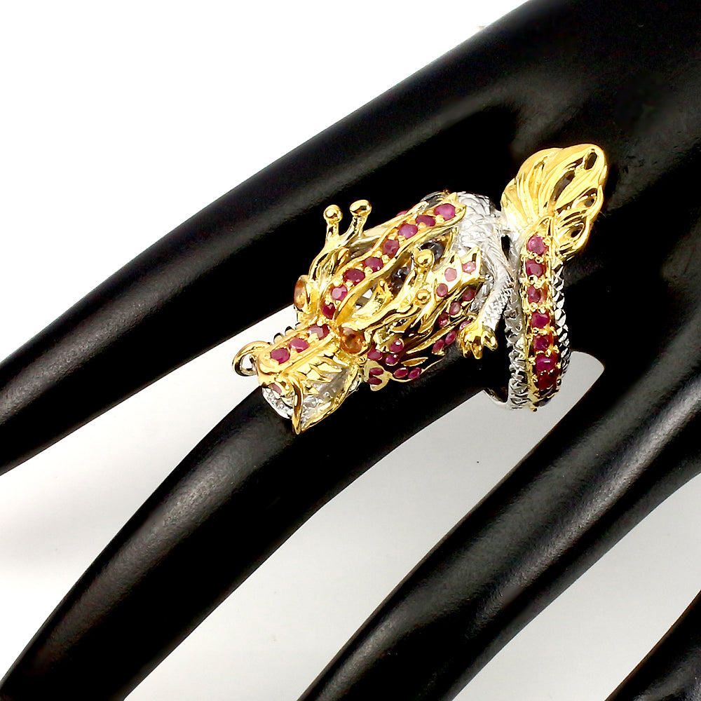 Rubin Smaragd Saphir Tansanit Rhodolit Drache Ring aus bicolor vergoldetem Silber - INARA