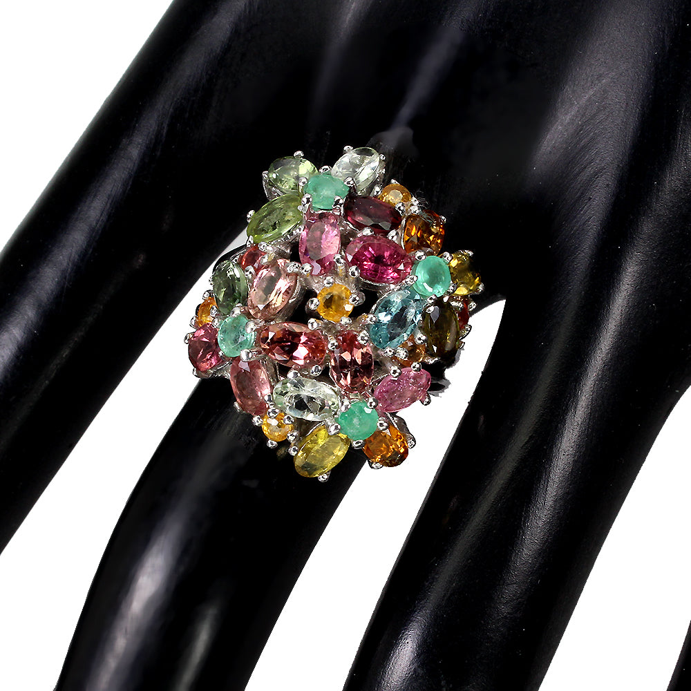 Turmalin Smaragd Saphir Ring aus weißvergoldetem Silber - INARA
