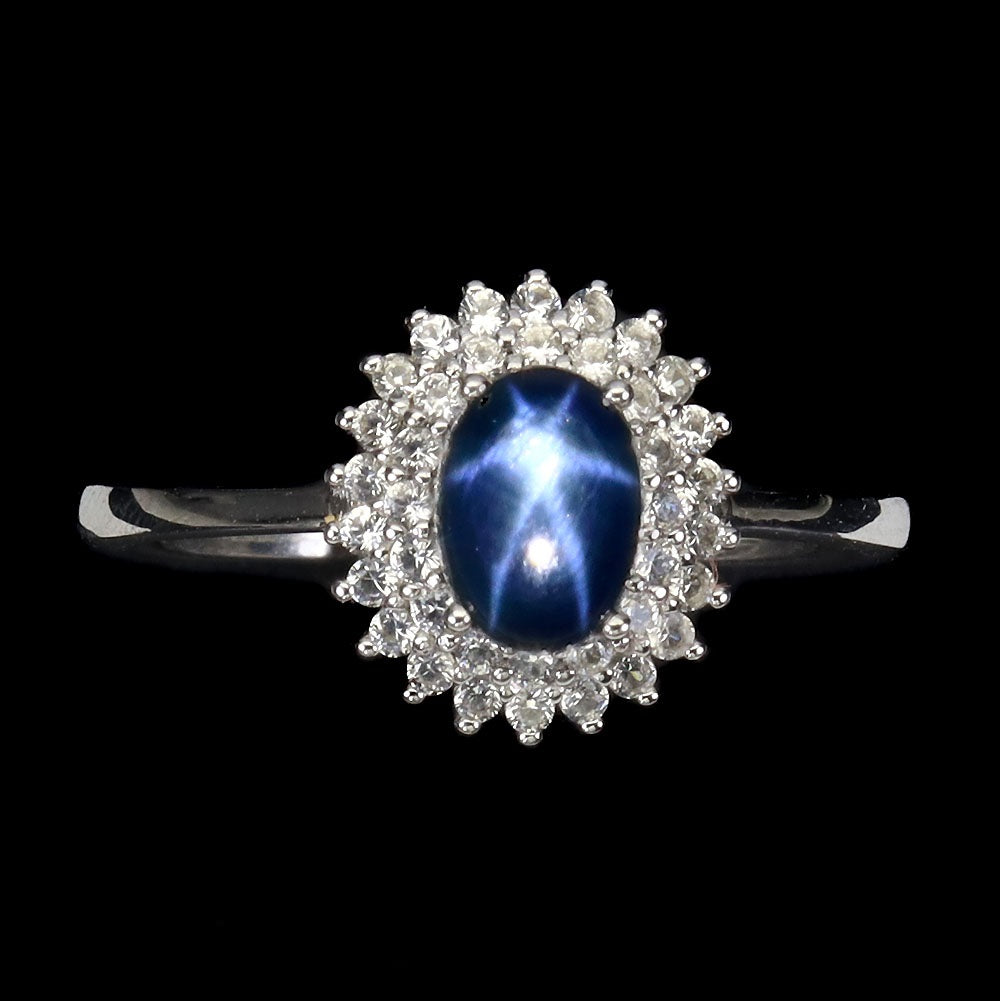 Sternsaphir Weißtopas Ring aus weißvergoldetem Silber - INARA