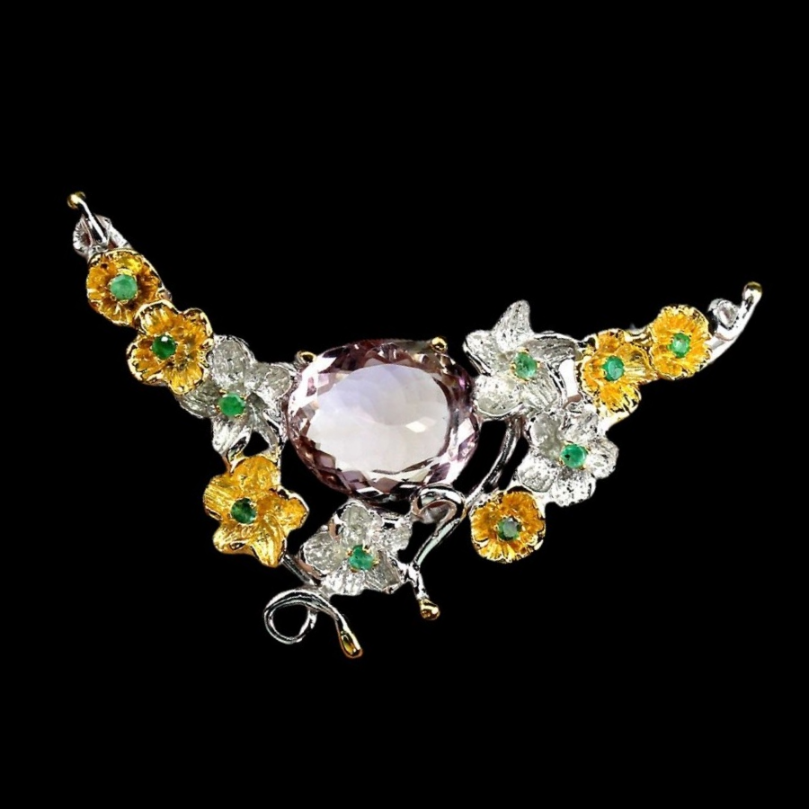 Ametrin Smaragd Brosche aus bicolor vergoldetem Silber - INARA