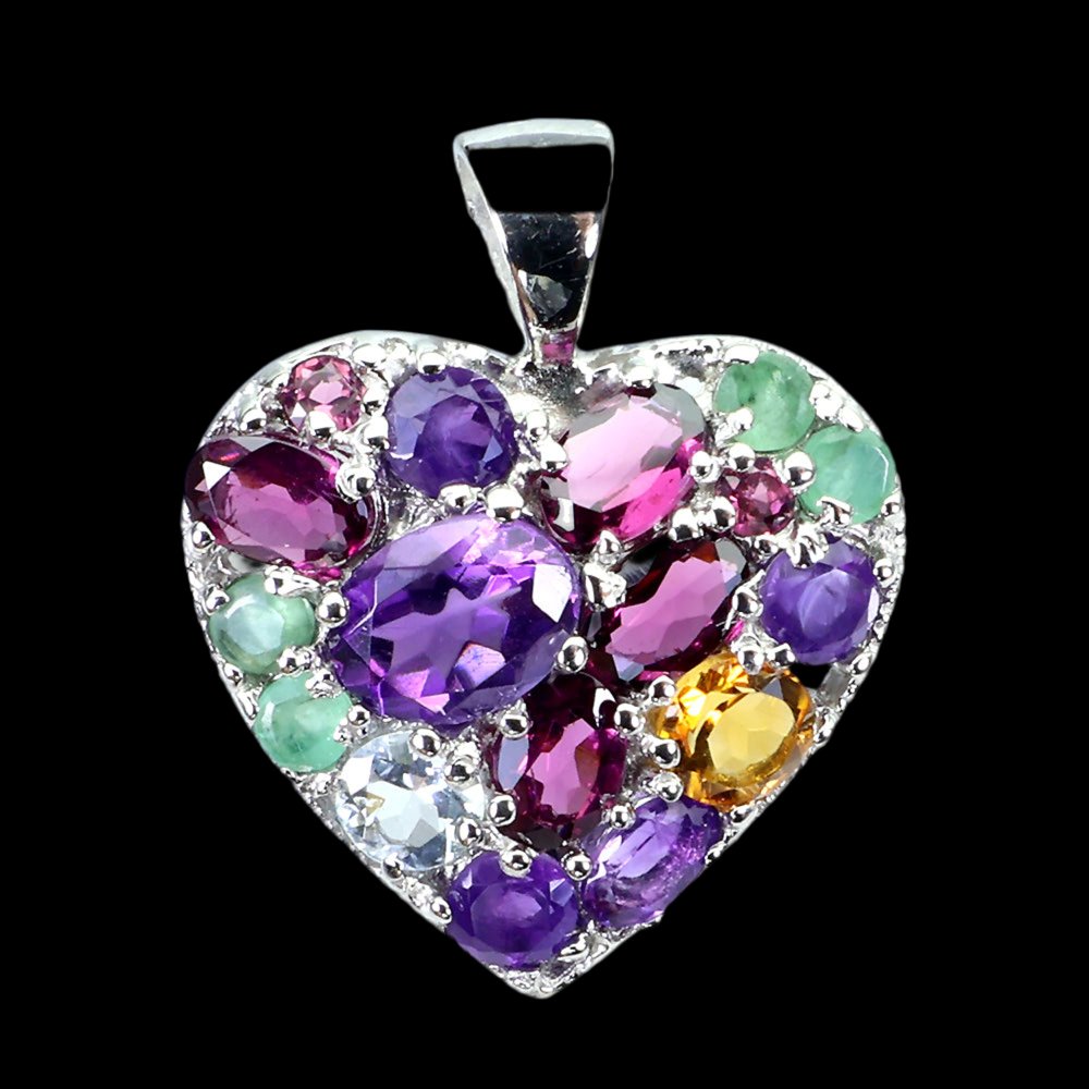 Amethyst Aquamarin Citrin Smaragd Rhodolit Herz Anhänger Silber - INARA