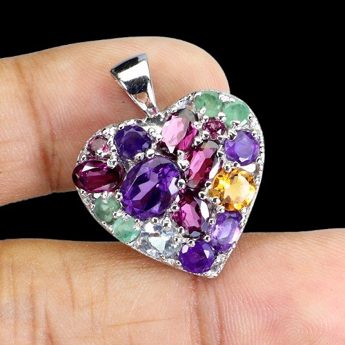 Amethyst Aquamarin Citrin Smaragd Rhodolit Herz Anhänger Silber - INARA