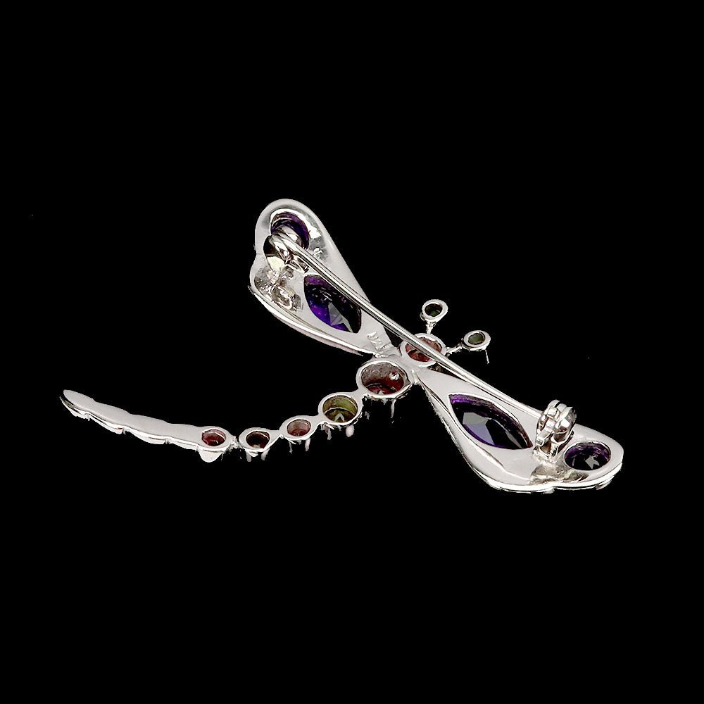 Amethyst Smaragd Rhodolit Turmalin Libelle Brosche Silber - INARA