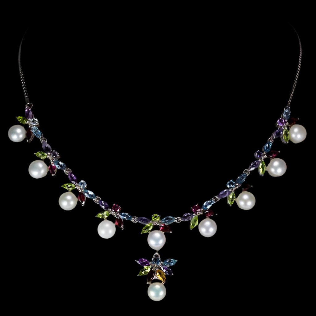 Blautopas Amethyst Peridot Rhodolit Citrin Perle Collier Silber - INARA