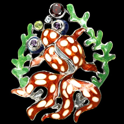 Granat Amethyst Peridot Blautopas Fisch Anhänger aus weißvergoldetem Silber - INARA