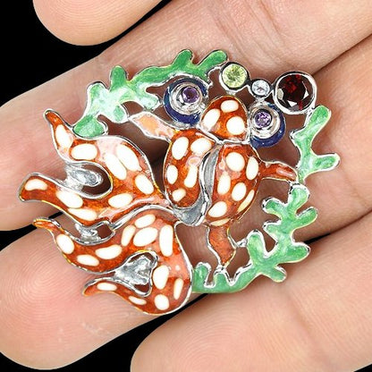 Granat Amethyst Peridot Blautopas Fisch Anhänger aus weißvergoldetem Silber - INARA