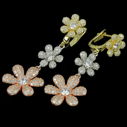 Zirkonia Blumen Ohrringe aus tricolor vergoldetem Silber - INARA