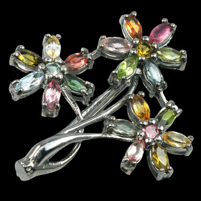 Turmalin Blüten Brosche aus schwarzvergoldetem Silber - INARA