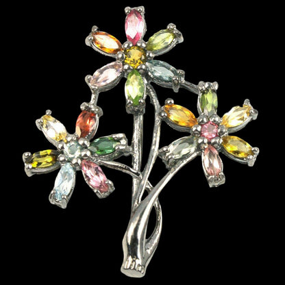 Turmalin Blüten Brosche aus schwarzvergoldetem Silber - INARA