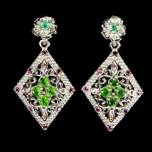 Russian Diopside Emerald Sapphire Rhodolite Earrings