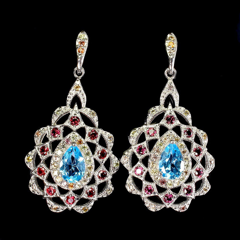 Swiss Blue Topaz Rhodolite Sapphire Earrings