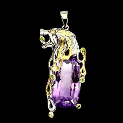 Amethyst Chromdiopsid Löwe Anhänger Silber bicolor vergoldet - INARA