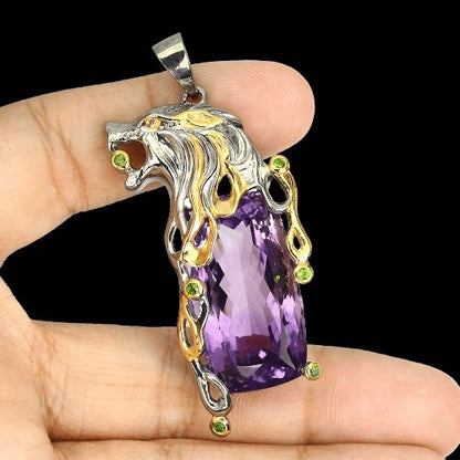 Amethyst Chromdiopsid Löwe Anhänger Silber bicolor vergoldet - INARA