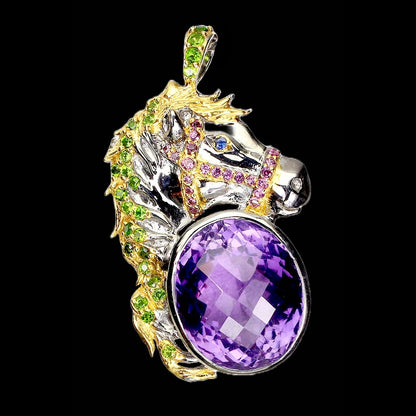 Amethyst Chromdiopsid Rhodolit Pferd Anhänger aus bicolor vergoldetem Silber - INARA