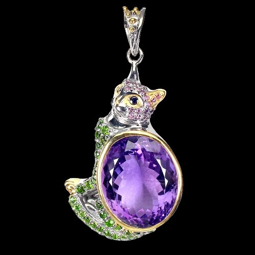 Amethyst Chromdiopsid Rhodolit Saphir Katze Anhänger Silber - INARA