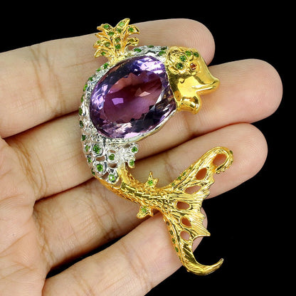 Amethyst Chromdiopsid Saphir Fisch Anhänger Silber bicolor vergoldet - INARA