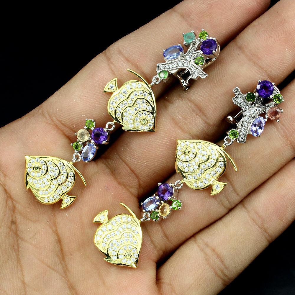 Amethyst Chromdiopsid Tansanit Saphir Ohrringe Silber bicolor vergoldet - INARA