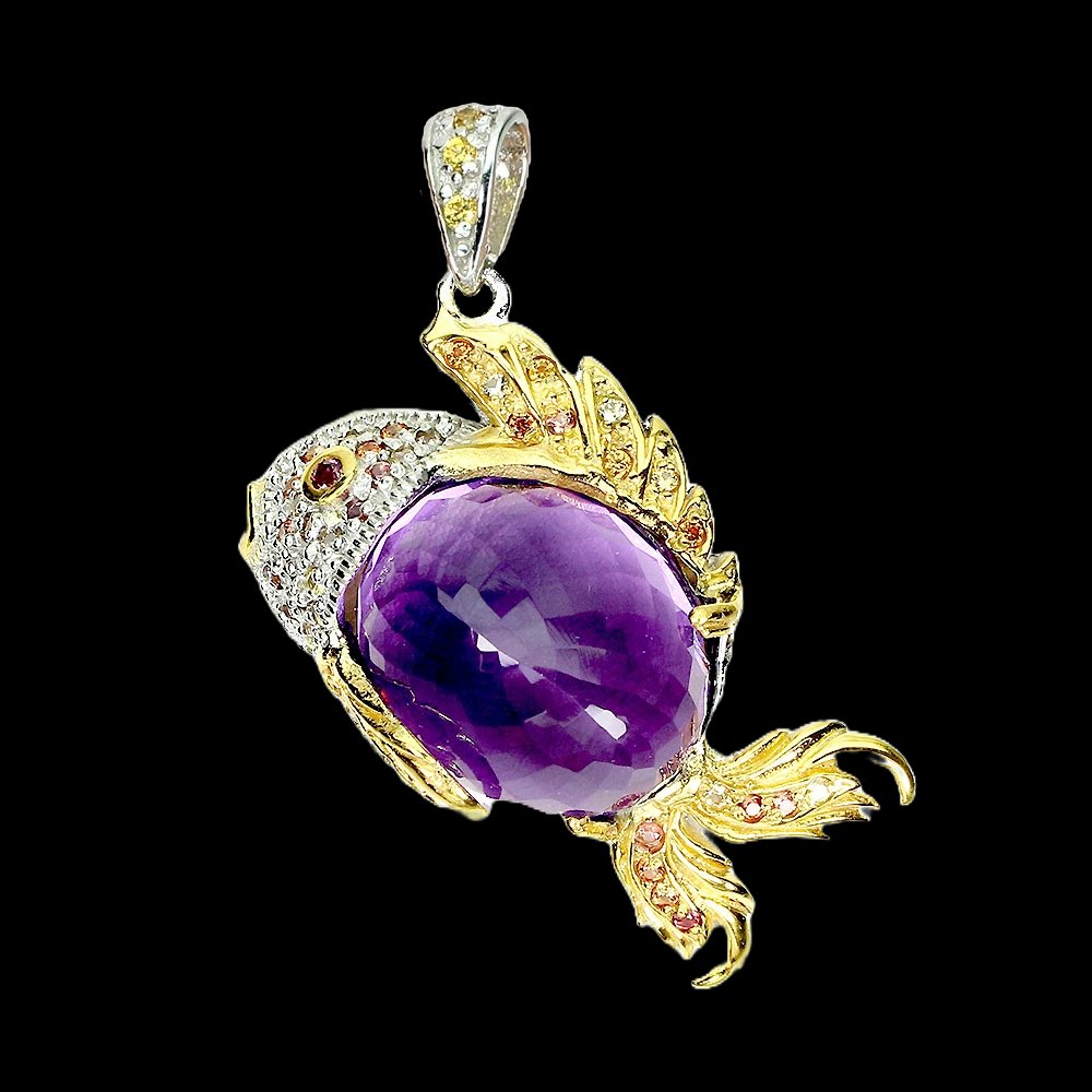 Amethyst Rhodolit Saphir Fisch Anhänger Silber bicolor vergoldet - INARA