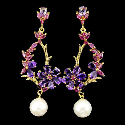 Amethyst Rubin Perle Ohrringe Silber gelbvergoldet - INARA