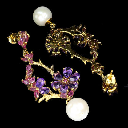 Amethyst Rubin Perle Ohrringe Silber gelbvergoldet - INARA