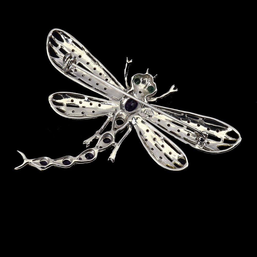 Amethyst Smaragd Rhodolit Libelle Brosche Silber bicolor vergoldet - INARA