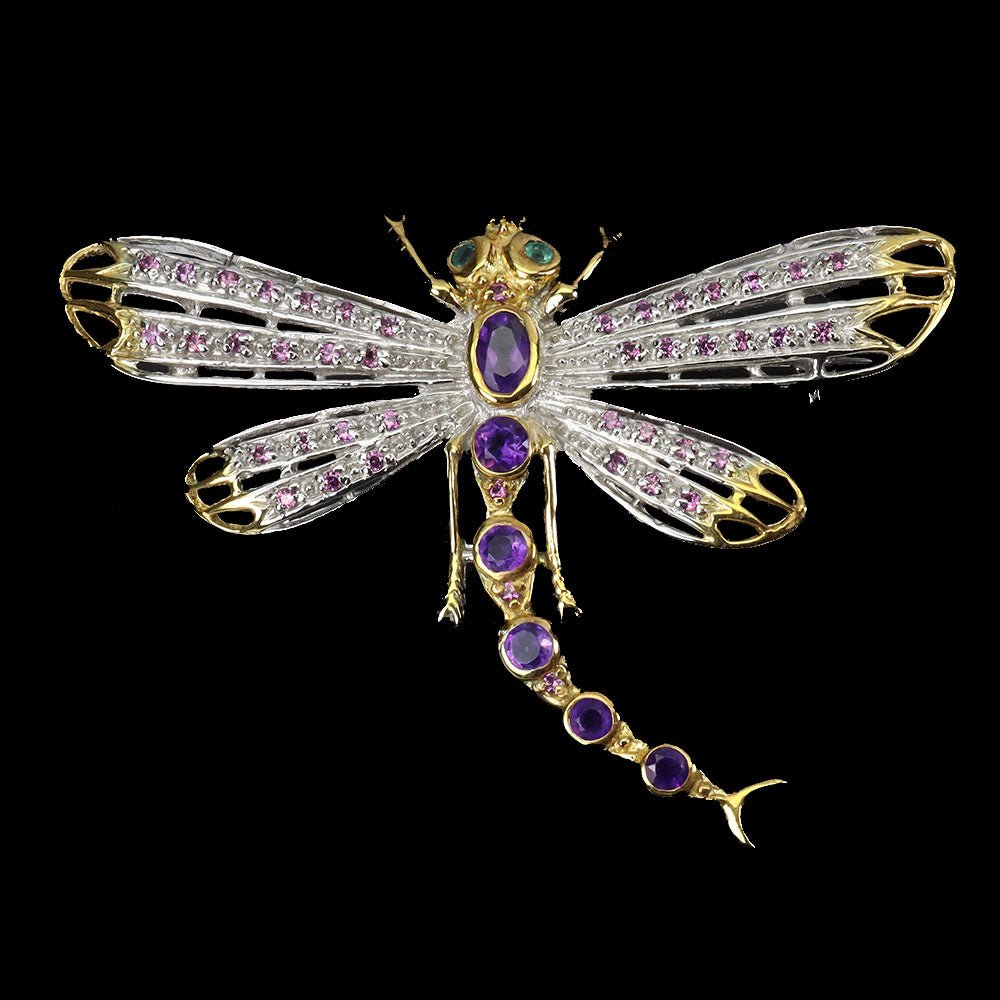 Amethyst Smaragd Rhodolit Libelle Brosche Silber bicolor vergoldet - INARA