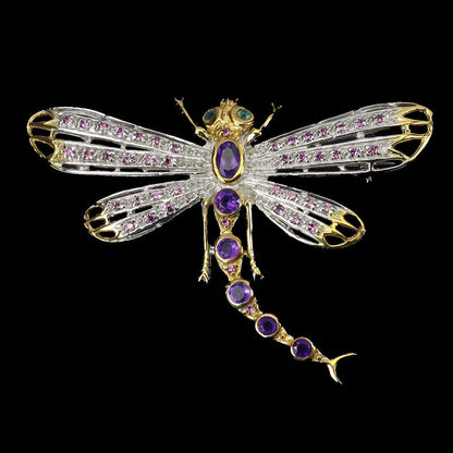 Amethyst Smaragd Rhodolit Libelle Brosche Silber bicolor vergoldet - INARA