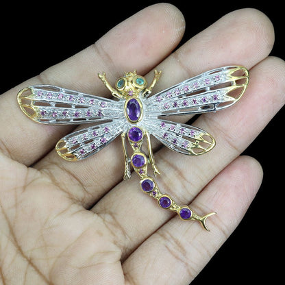 Amethyst Smaragd Rhodolit Libelle Brosche Silber bicolor vergoldet - INARA